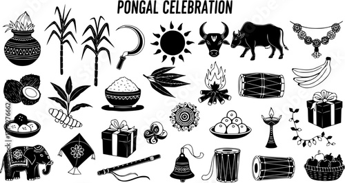 Pongal Celebration: Black and White Vector Illustration of Indian Festival Elements