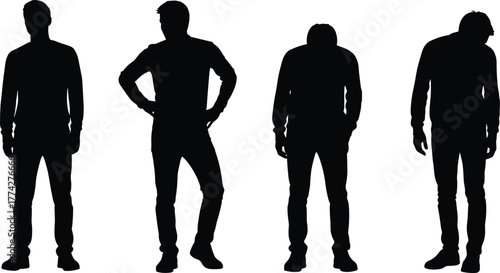 Male silhouettes standing in various body postures, casual men posing, modern fashion concept, human figure illustration, black vector art isolated background
