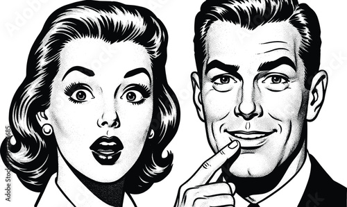 Vintage comic style illustration, surprised woman and smiling man, retro pop art, expressive faces, black and white vector design