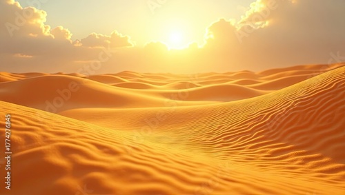 Golden desert dunes stretch towards the horizon, bathed in warm sunlight, the sky displaying wispy clouds and the sun blazing, creating an evocative atmosphere, a vast,