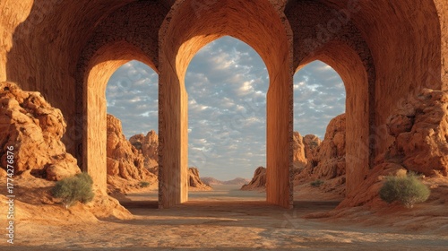 Fototapeta Naklejka Na Ścianę i Meble -  Three arched stone pillars in a desert landscape with sand dunes and rocky outcrops in the foreground and background.