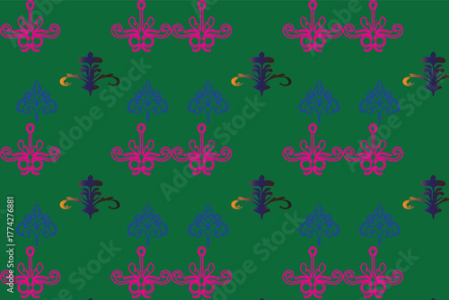 Seamless Decorative Ornamental Pattern on Green Background