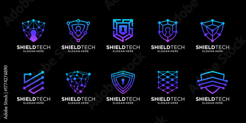 Set of shield with data connection for digital technology symbol logo design vector.