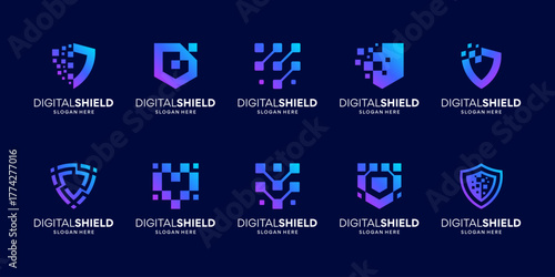 Set of futuristic shield data security logo design template. Abstract symbol network digital connection usable for business technology.