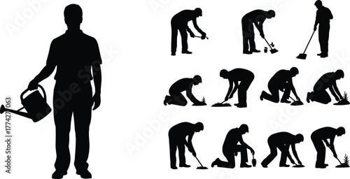 Silhouette collection of male gardener working with plants, watering, digging, and planting in garden, agriculture activity, landscaping, and outdoor gardening illustration