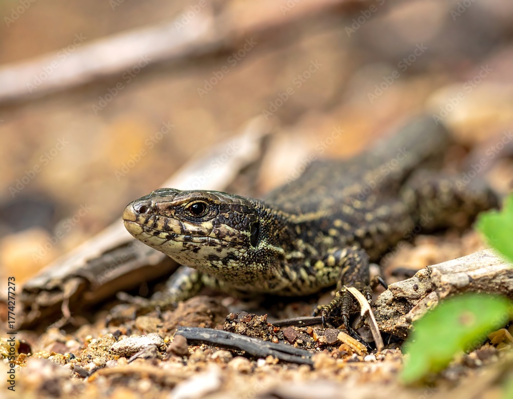 Fototapeta premium A small, patterned lizard rests on dry soil, surrounded by twigs and greenery