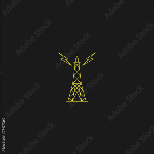 Tower and lightning line art strength and sudden power logo design.