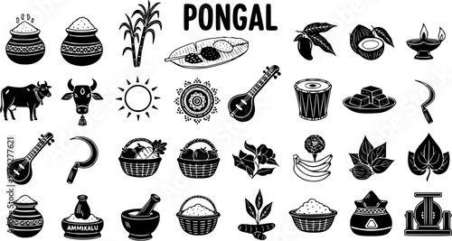 Pongal Festival Icons Set: Traditional Tamil Harvest Celebration Symbols in Black and White