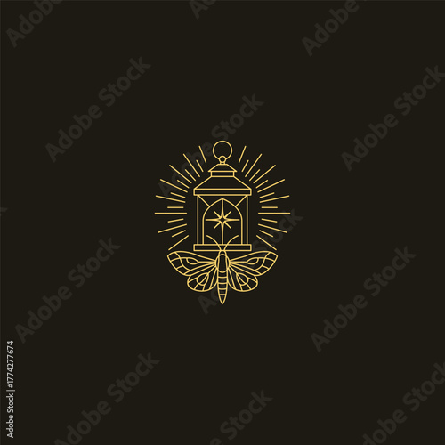 Lantern and moth line art guidance and transformation logo design.