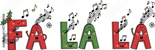 Cartoon fa la la Christmas carol with musical notes design clear vector illustration isolated on transparent