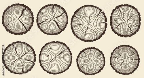 Hand-Drawn Tree Trunk Cross-Section Vector Set - Annual Rings Line Art