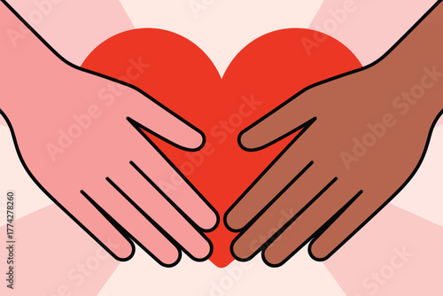 Diverse Hands Holding Heart Unity, Love, Diversity Illustration Symbolizing Togetherness, Tolerance, and Community Support on a Gradient Pink Background Cartoonish Style for Accessible Appeal