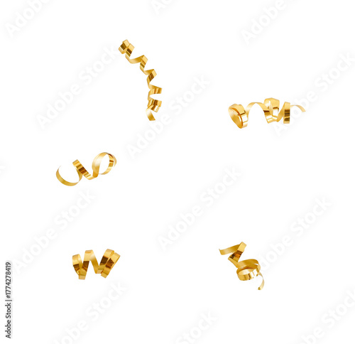 Gold confetti streamers frame isolated png cutout object on transparent background. Holiday, New Year Christmas design elements