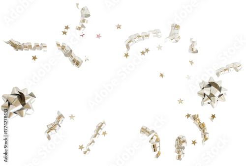 Silver Christmas decor confetti stars and streamers isolated png cutout object on transparent background. Holiday, New Year Christmas design elements
