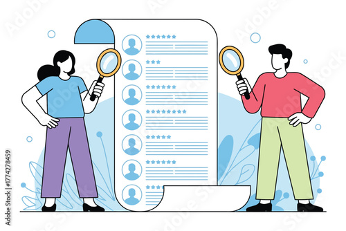 Candidate Selection Process Two Individuals Inspecting a Resume with Magnifying Glasses Recruitment, Talent Acquisition, Human Resources Illustration for Hiring and Employment