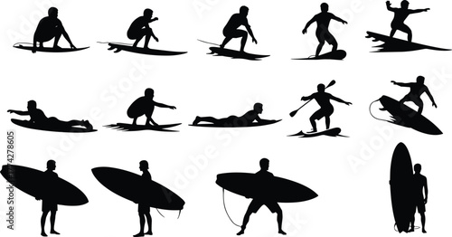 Silhouette collection of surfer man with surfboard in different surfing positions and actions, beach lifestyle, extreme sport, summer, sea waves illustration