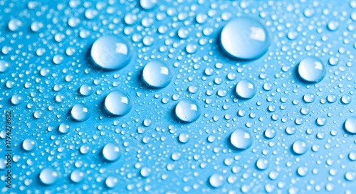 Wallpaper Mural Macro texture of wet, clear water drops and liquid bubbles on an abstract blue surface reflection Torontodigital.ca