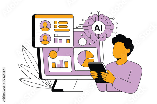 AI Driven Data Analysis Illustration of a person using a tablet in front of a computer with AI brain and data dashboards for informed business decisions