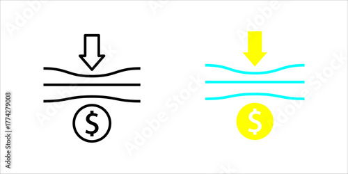 Minimal line art icon set. showing a downward arrow and dollar sign representing cost reduction, savings, and operational efficiency in business or industry.

