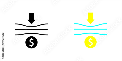 Minimal line art icon set. showing a downward arrow and dollar sign representing cost reduction, savings, and operational efficiency in business or industry.

