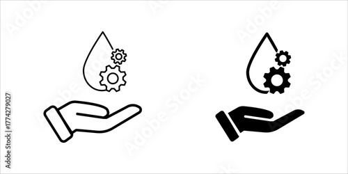  Minimal line art icon set .of a water droplet with gears representing water efficiency, industrial process, and smart resource management technology.