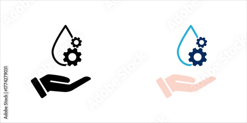  Minimal line art icon set .of a water droplet with gears representing water efficiency, industrial process, and smart resource management technology.