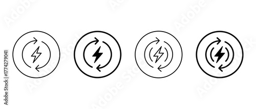 Energy cycle icon set in circular outline. Lightning bolt with circular arrow symbol