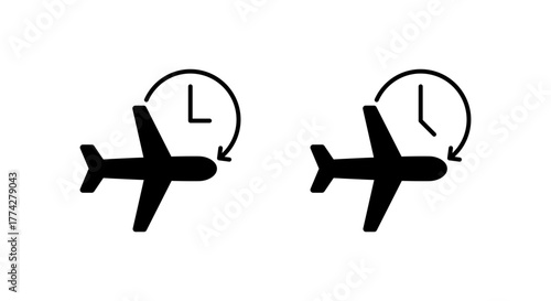 Airplane delay icon. Flight with clock and circular arrow symbol for schedule change