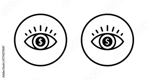 Greedy eye icon in circular outline. Money obsession and materialistic vision symbol