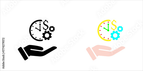  Time Is Money Icon Element For Design Black and white vector icon showing a hand holding a clock, dollar sign, and gears symbolizing time management, business efficiency, and financial productivity.