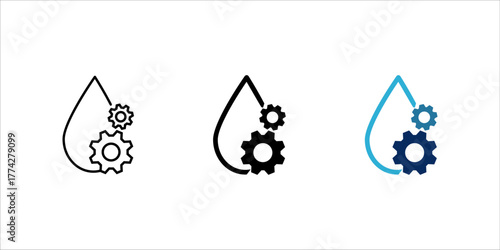  line art icon set of a water droplet with gears representing water efficiency, industrial process, and smart resource management technology.
