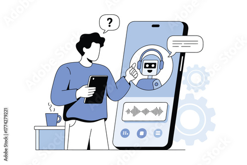 Man Interacting with AI Chatbot on Smartphone, Seeking Assistance; Digital Support System in Action Modern Helpdesk, Virtual Assistant, and AI Powered Communication Concept