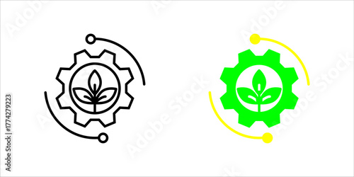  Minimal line art icon set. of a gear with a leaf inside, representing eco technology, green innovation, and sustainable industrial development.