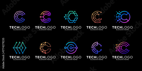 Set of initial letter C logo design. Modern circular digital wire link for futuristic internet connection logo template.