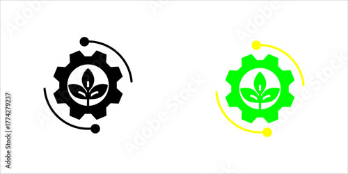  Minimal line art icon set. of a gear with a leaf inside, representing eco technology, green innovation, and sustainable industrial development.