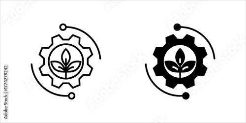  Minimal line art icon set. of a gear with a leaf inside, representing eco technology, green innovation, and sustainable industrial development.
