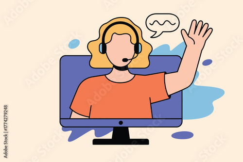 Online Support Assistant Illustration Friendly customer service representative with headset waving from a computer screen, showcasing communication, remote work, and professional assistance in a