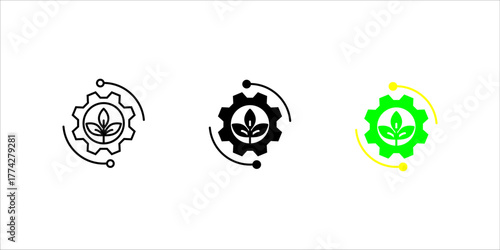  Minimal line art icon set. of a gear with a leaf inside, representing eco technology, green innovation, and sustainable industrial development.