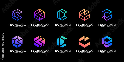 Set of hexagon letter C for business technology logo design vector.