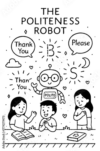 The Politeness Robot Coloring Page with Children Learning Good Manners Social Skills Educational Character Development Activity Sheet for Kids