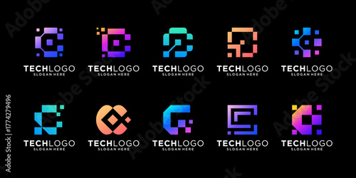 Set of digital letter C logo design template. Abstract shape with digital data tech symbol logo vector illustration.