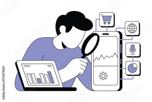 Analyzing Digital Trends Man examining data on phone and laptop with magnifying glass, representing data analysis, mobile analytics, e commerce growth and online research