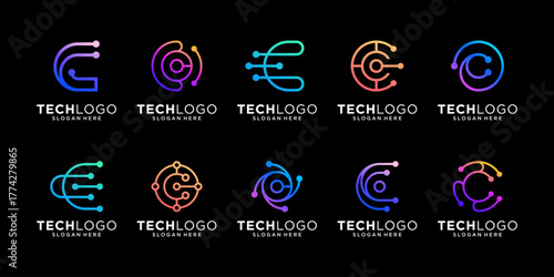 Set of initial letter C logo design. Modern circular digital wire link for futuristic technology connection logo template.