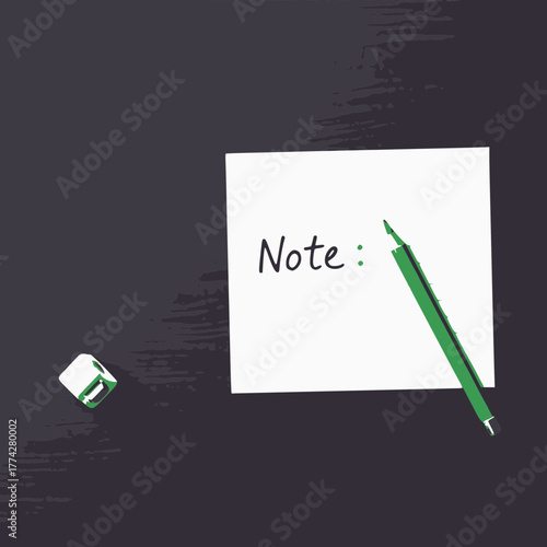 A green pencil and a small metal cube are placed on a dark textured surface next to a white sheet of paper with the word note written on it and horizontal lines