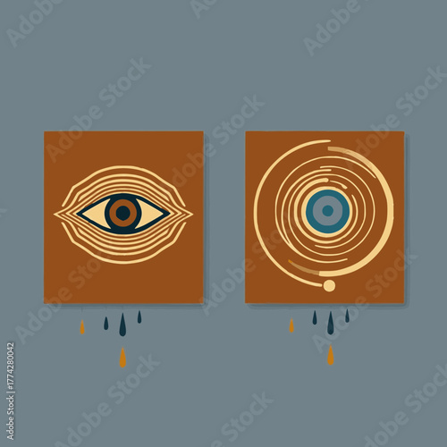 Two abstract square panels featuring stylized eye motifs, one with concentric wavy lines and the other with a spiral design, both with dripping elements below, set against a muted bluegrey background
