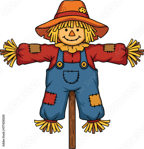 Cute scarecrow character wearing hat and patchwork clothes standing on wooden stick for autumn harvest, cad drawing flat vector illustration