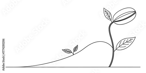 Vector a simple line drawing of a sprout growing from the ground with a seed at the top of the plant