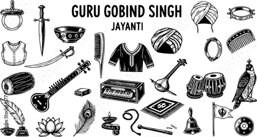 Guru Gobind Singh Jayanti Celebration: Hand-Drawn Vector Illustration of Traditional Sikh Symbols and Religious Elements for Festival Design