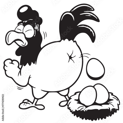 Funny Chicken Laying Eggs Vector — Black and White Cartoon Illustration with Comical Expression and Nest of Eggs