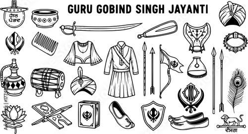 Guru Gobind Singh Jayanti Line Art Set: Sikhism Symbols, Traditional Weapons, Clothing, and Religious Artifacts Collection